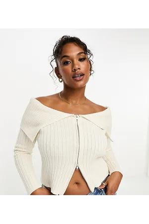 ASOS ASOS DESIGN Curve - Cardigan color crema a coste con zip e scollo Bardot