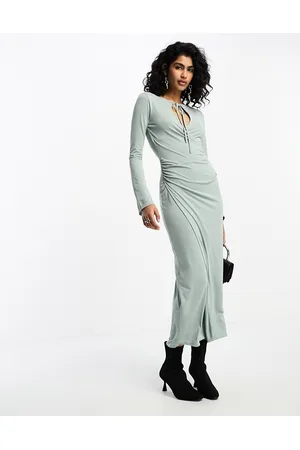 ASOS Vestito midi salvia con maniche lunghe svasate a portafoglio con allacciatura sul collo