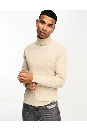 Brave Soul Maglione con collo alto in cotone a coste color pietra