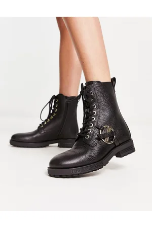 Moschino Stivali stringati neri con fibbia e logo