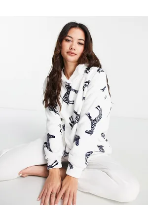 NIGHT Felpa con cappuccio da casa oversize color crema in pile con stampa di zebre