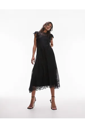 Topshop Vestito midi a maniche corte nero con dettagli in pizzo