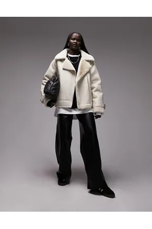 Topshop Giacca stile aviatore in pelle sintetica sporco con finiture in montone