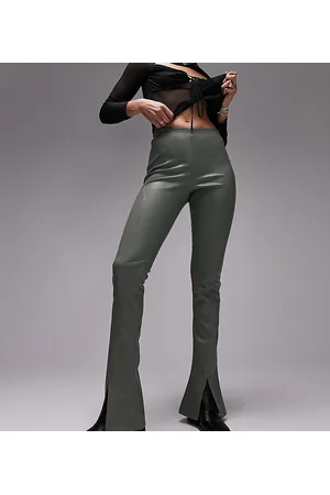 Topshop Pantaloni a zampa in pelle sintetica kaki con cuciture