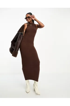Aria Cove Vestito maglia lungo in bouclé marrone senza maniche
