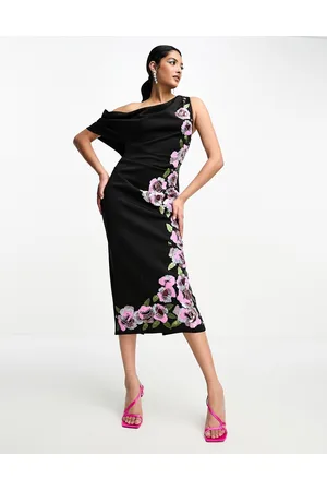 ASOS Vestito midi monospalla drappeggiato decorato con paillettes rosa