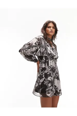 Topshop Vestito da giorno corto accollato con finiture e stampa floreale monocromatica effetto graffiato