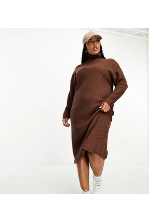 Brave Soul Plus - Emma - Vestito dolcevita lungo in maglia cioccolato