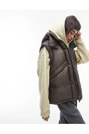 Topshop Gilet imbottito oversize con cappuccio e cuciture a vista color cioccolato