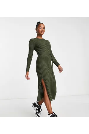 Brave Soul Petite - Eddie - Vestito in maglia kaki con spacco