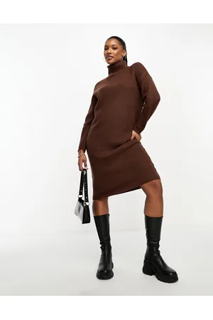 Brave Soul Emma - Vestito dolcevita lungo in maglia cioccolato