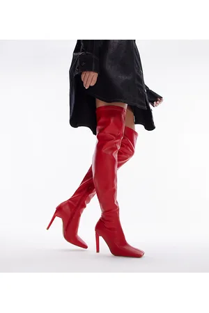 Topshop Wide Fit - Mollie - Stivali a calza sopra il ginocchio con tacco a pianta larga rossi