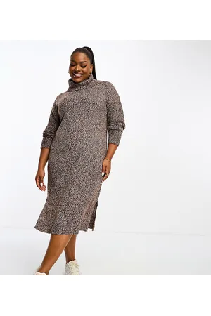 Brave Soul Plus - Roman - Vestito lungo in maglia marrone mélange con collo alto