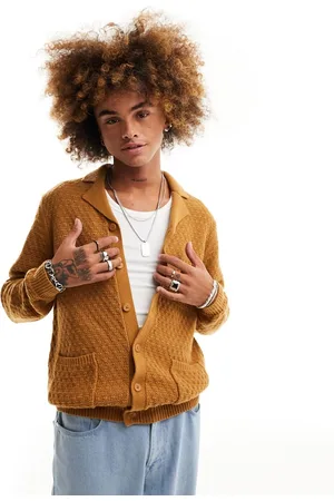 ASOS Polo color cuoio in maglia testurizzata con colletto a rever e bottoni