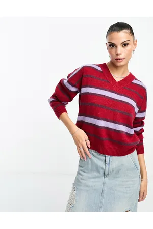 Daisy Street Maglione aderente in maglia soffice a righe con scollo a V