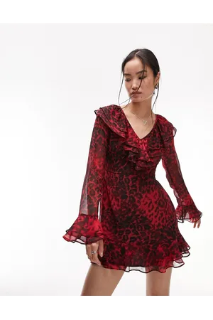 Topshop Vestito da giorno corto animalier con scollo a V e volant