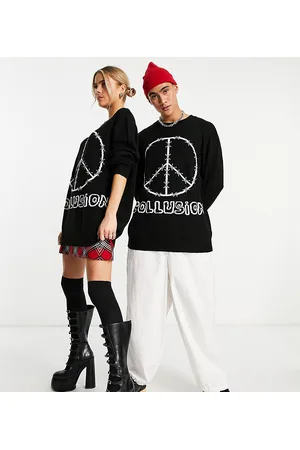 COLLUSION Unisex - Maglione oversize in maglia nera jacquard con logo