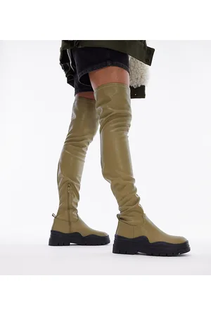 Topshop Wide Fit - Martha - Stivali sopra il ginocchio elasticizzati a pianta larga oliva