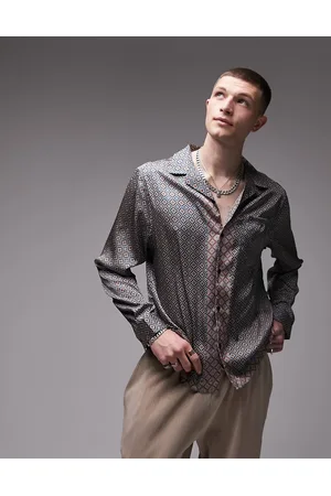 Topman Camicia a maniche corte vestibilità classica con rever in raso e stampa geometrica