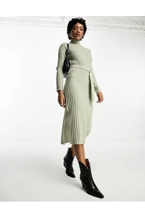 Brave Soul Murphy - Vestito midi color salvia a coste a maniche lunghe con cintura