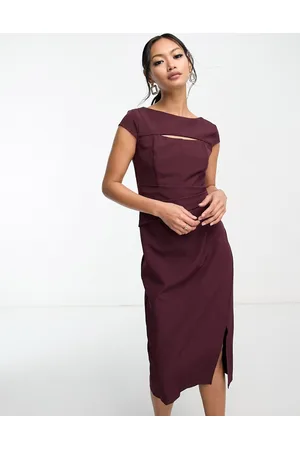 Lipsy London Vestito midi bordeaux con busto a corsetto con cut-out
