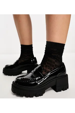 ASOS Script - Mocassini a pianta larga in vernice nera con tacco medio e suola spessa