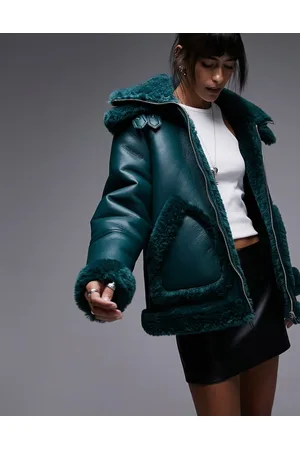 Topshop Giacca aviatore oversize verde in montone sintetico e pelle sintetica con doppio colletto