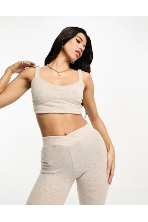Boux Avenue Leila - Crop top color pietra a coste intrecciato