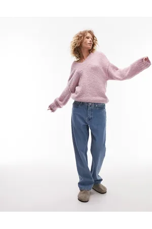 Topshop Maglione rosa taglio lungo in maglia bouclé con scollo a V