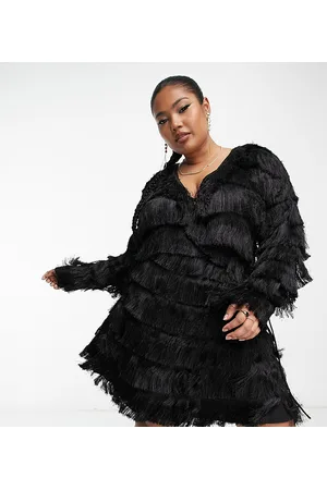 ASOS Esclusiva ASOS DESIGN Curve - Vestito avvolgente corto nero decorato con frange