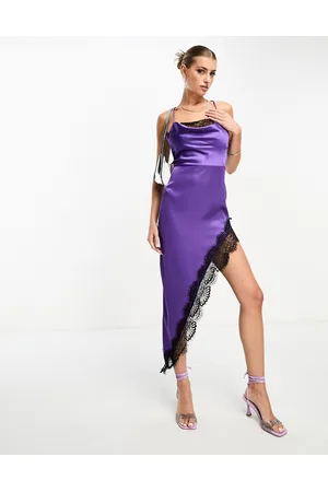 NaaNaa Vestito midi in raso con fondo asimmetrico in pizzo e scollo ad anello