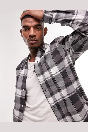 Topman Camicia vestibilità classica a maniche lunghe in flanella nera e bianca a quadri con coulisse sul fondo