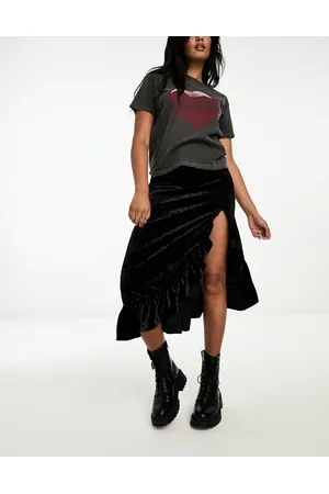 Monki Gonna midi nera in velluto riccio con volant e spacco laterale