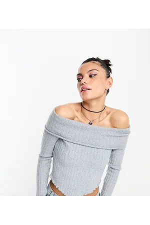 COLLUSION Maglione con scollo Bardot lavorato a coste con dettagli invecchiati blu mélange