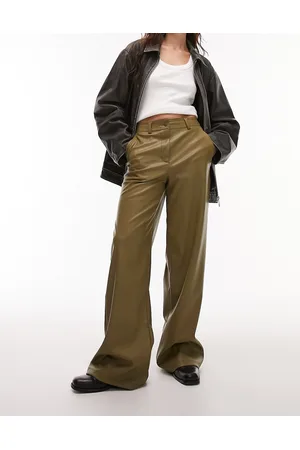 Topshop Pantaloni a fondo ampio in pelle sintetica verdi