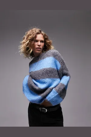 Topshop Maglione oversize girocollo soffice a righe larghe blu e antracite
