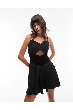 Topshop Vestito corto svasato in misto velluto e rete con cut-out e spalline sottili