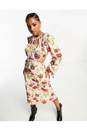 The Frolic Vestito midi polvere con stampa di rose e cut-out