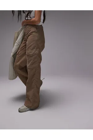 Topshop Pantaloni cargo dritti multitasche beige in velluto a coste