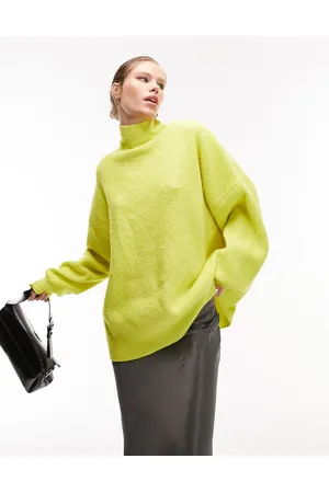 Topshop Maglione taglio lungo con collo alto in maglia color lime