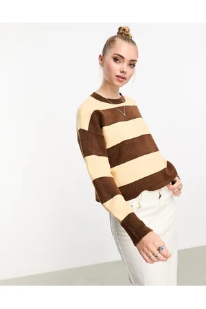 Pieces® Esclusiva - Maglione con scollo rotondo a righe marrone e crema