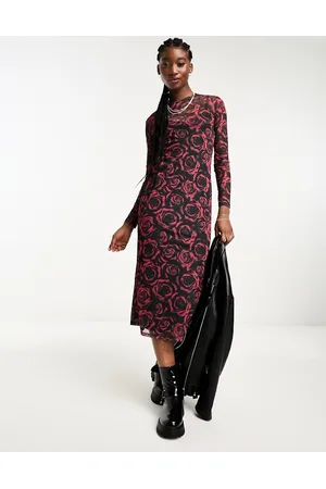 New Look Vestito midi a maniche lunghe trasparente con stampa di rose