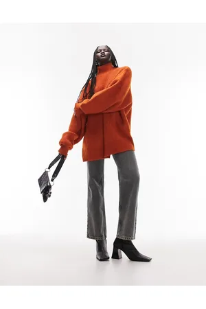 Topshop Maglione taglio lungo con collo alto in maglia color ruggine