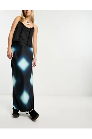 ASOS Gonna lunga in raso blu con stampa geometrica e taglio sbieco