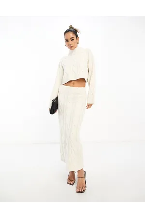 Pretty Lavish Gonna al polpaccio in maglia a trecce color crema in coordinato