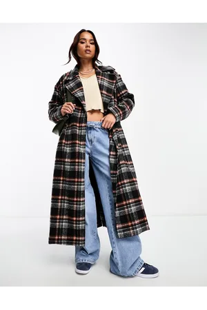 Brave Soul Cappotto elegante taglio lungo /ruggine a quadri con cintura