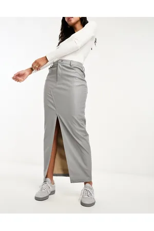 ASOS Gonna lunga in pelle sintetica grigia con spacco sul davanti