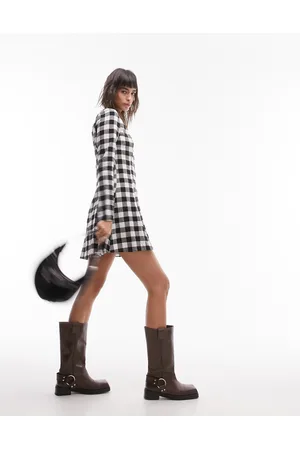 Topshop Vestito camicia corto monocromatico a scacchi con scollo a V spazzolato