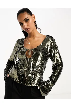 ASOS Top a maniche lunghe oliva con laccetti e paillettes
