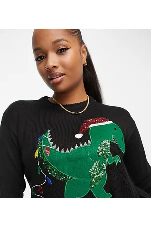 Brave Soul Petite - Maglione natalizio nero con dinosauro